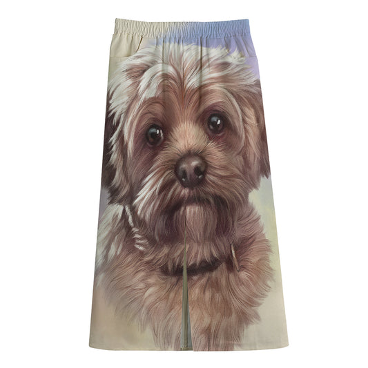 Yorkshire Terrier Portrait Print Cotton Front Slit Maxi Skirt