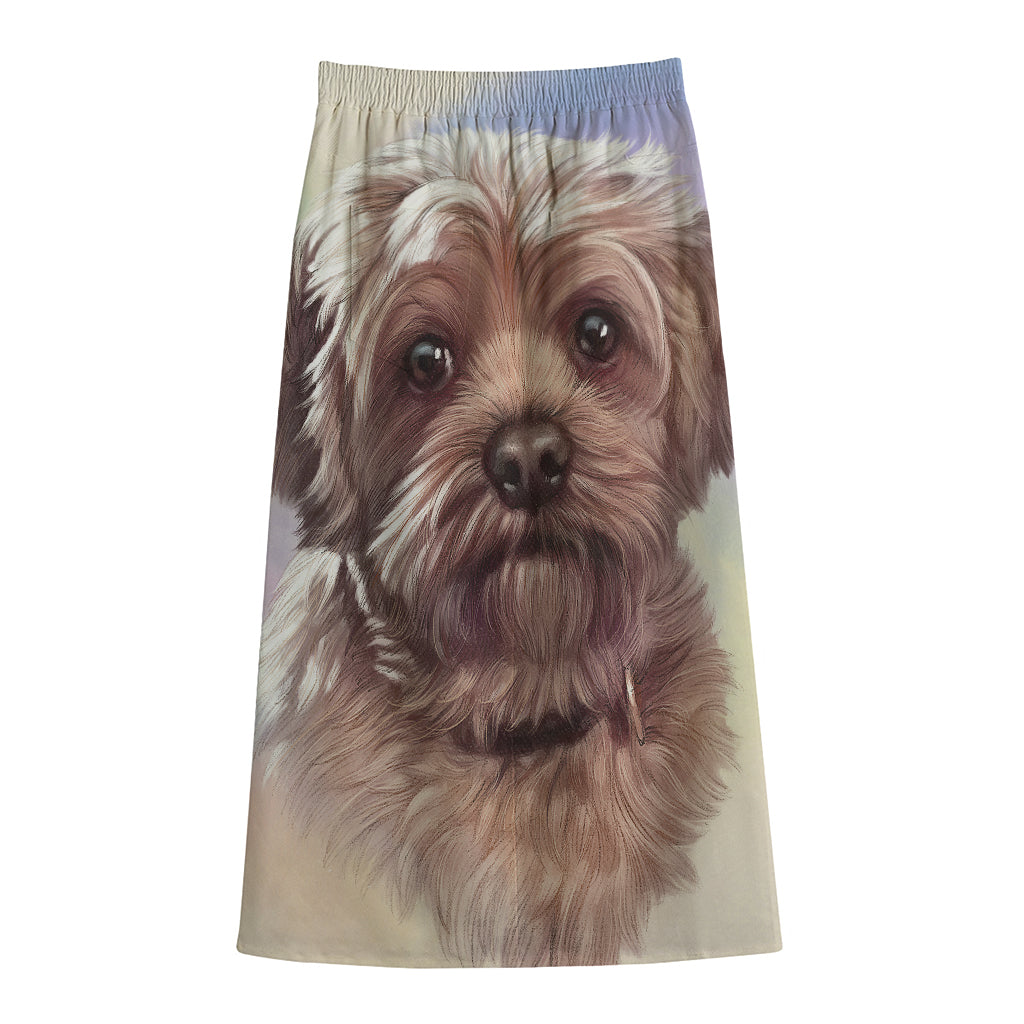 Yorkshire Terrier Portrait Print Cotton Front Slit Maxi Skirt