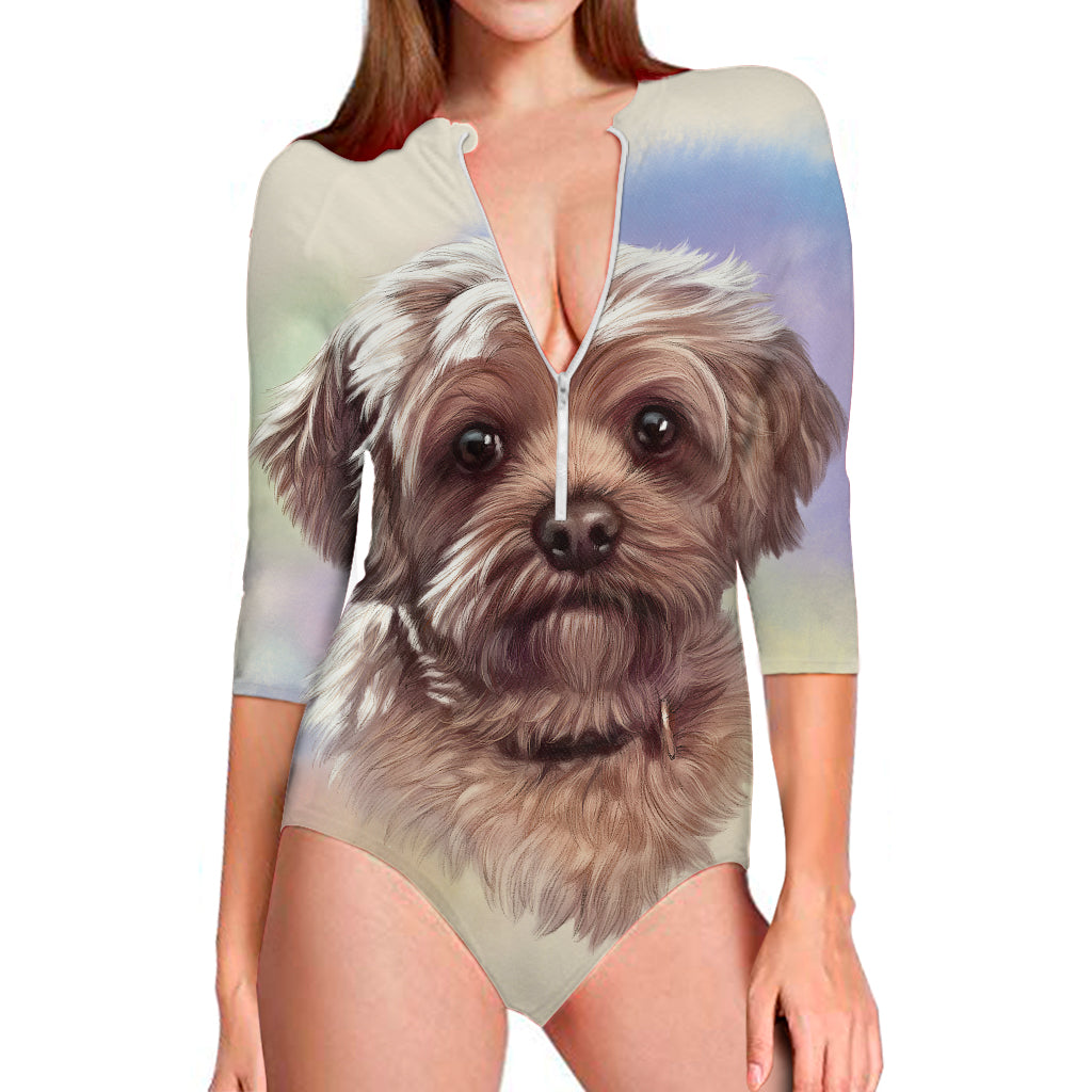 Yorkshire Terrier Portrait Print Long Sleeve Swimsuit