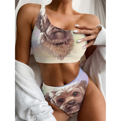 Yorkshire Terrier Portrait Print One Shoulder Bikini Top