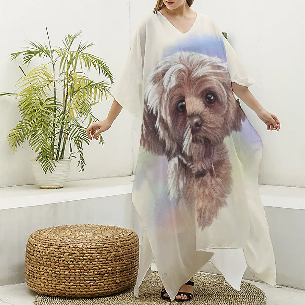 Yorkshire Terrier Portrait Print Silk V-Neck Kaftan Dress