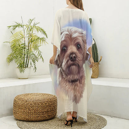 Yorkshire Terrier Portrait Print Silk V-Neck Kaftan Dress