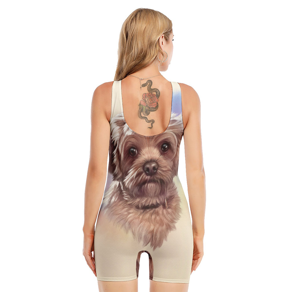 Yorkshire Terrier Portrait Print Sleeveless One Piece Swimsuit