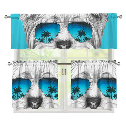 Yorkshire Terrier With Sunglasses Print 3 Piece Kitchen Curtains