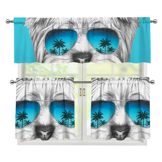 Yorkshire Terrier With Sunglasses Print 3 Piece Kitchen Curtains