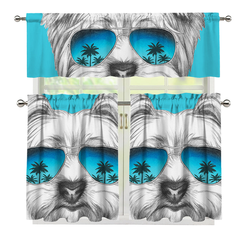 Yorkshire Terrier With Sunglasses Print 3 Piece Kitchen Curtains
