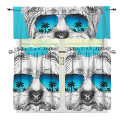 Yorkshire Terrier With Sunglasses Print 3 Piece Kitchen Curtains