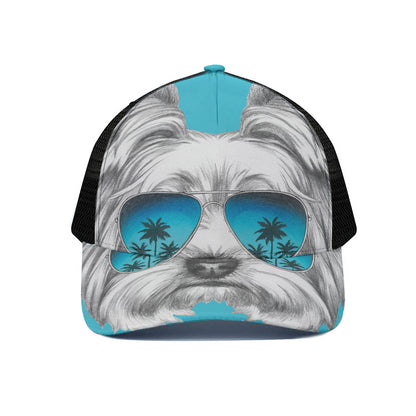 Yorkshire Terrier With Sunglasses Print Black Mesh Trucker Cap