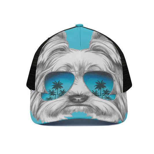 Yorkshire Terrier With Sunglasses Print Black Mesh Trucker Cap