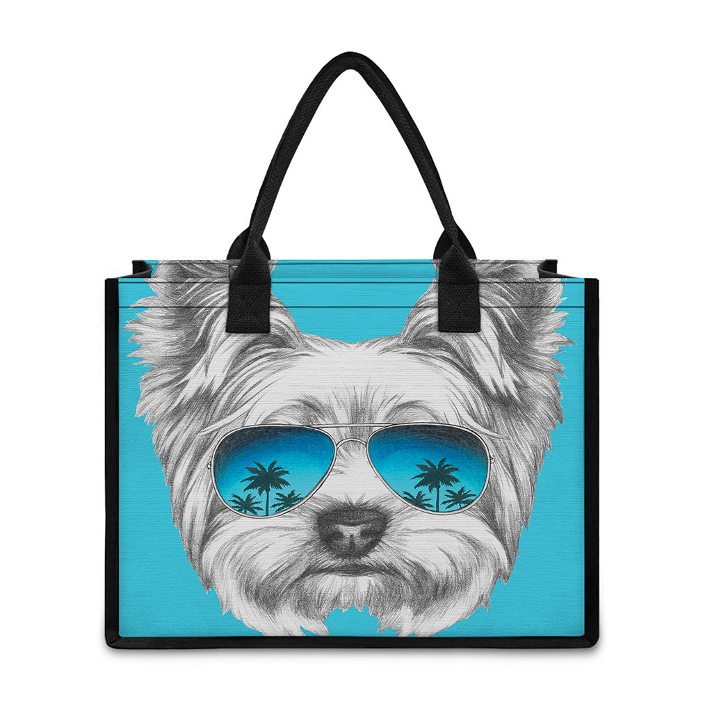 Yorkshire Terrier With Sunglasses Print Canvas Tote Bag