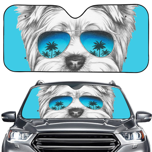 Yorkshire Terrier With Sunglasses Print Car Windshield Sun Shade