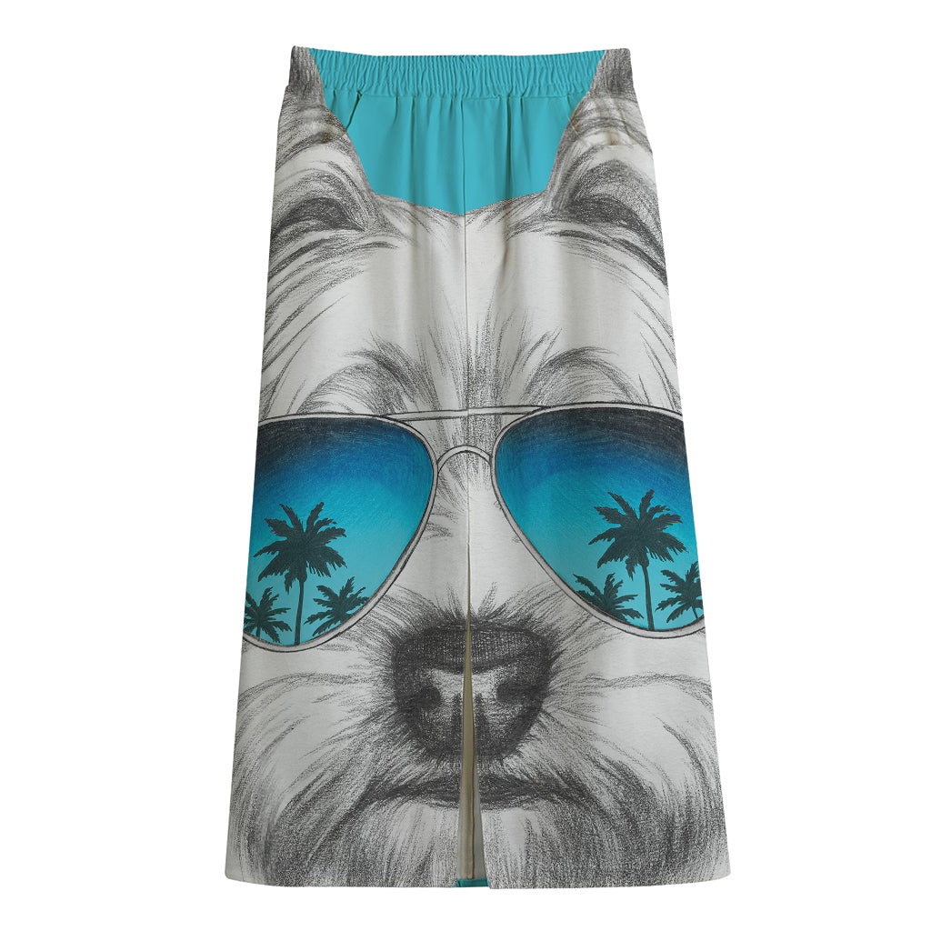 Yorkshire Terrier With Sunglasses Print Cotton Front Slit Maxi Skirt