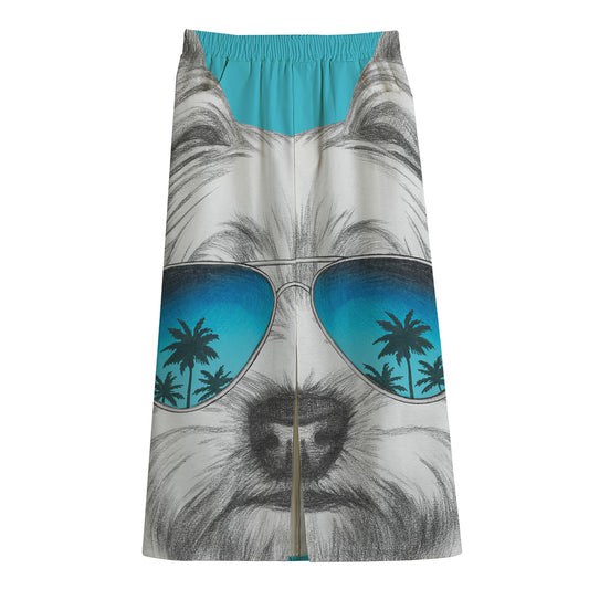 Yorkshire Terrier With Sunglasses Print Cotton Front Slit Maxi Skirt
