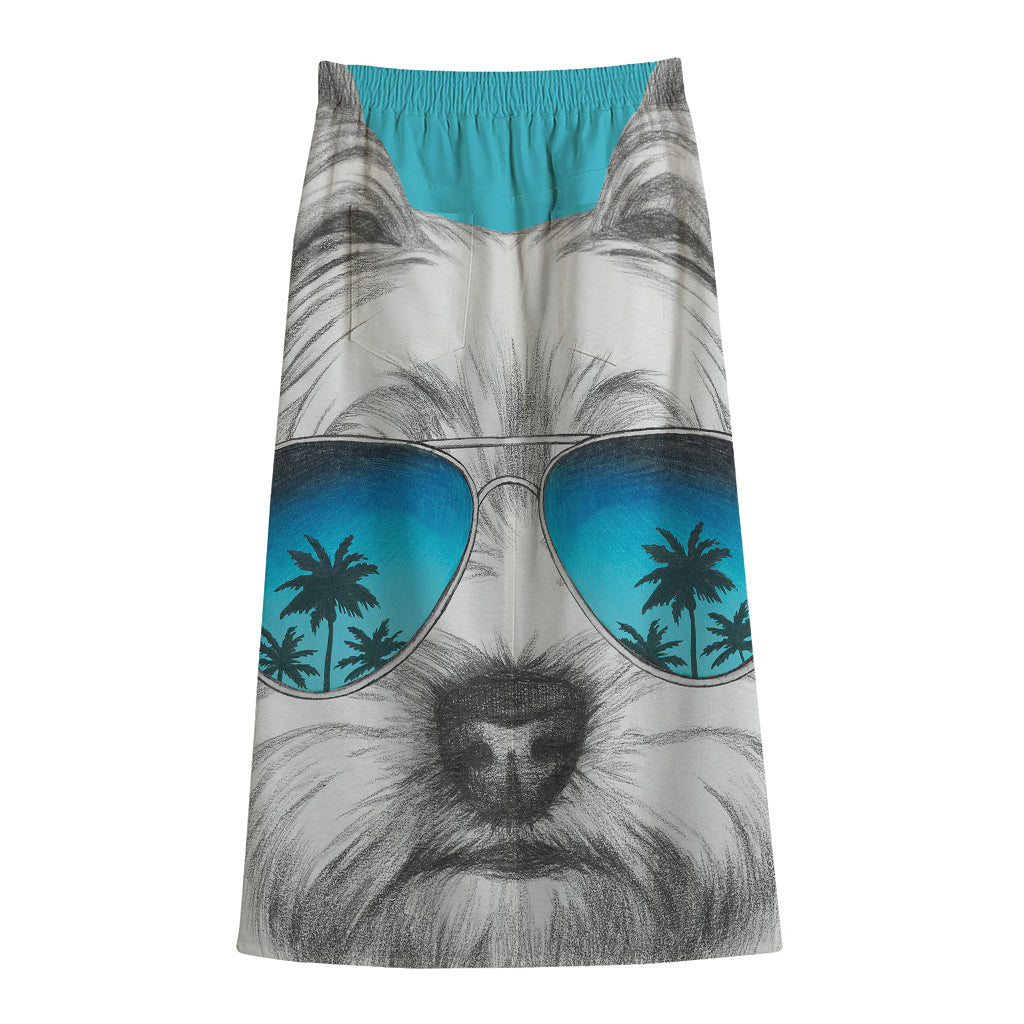 Yorkshire Terrier With Sunglasses Print Cotton Front Slit Maxi Skirt