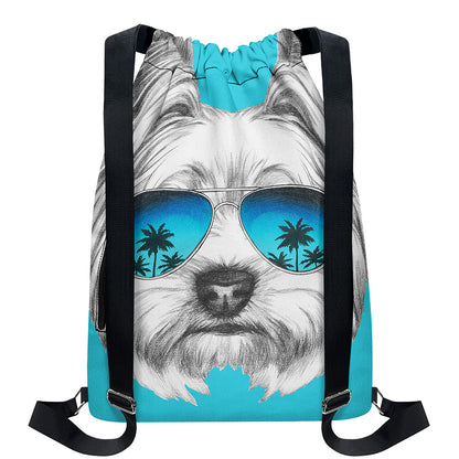 Yorkshire Terrier With Sunglasses Print Drawstring Backpack