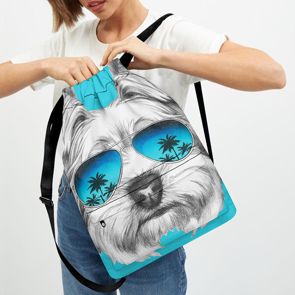 Yorkshire Terrier With Sunglasses Print Drawstring Backpack