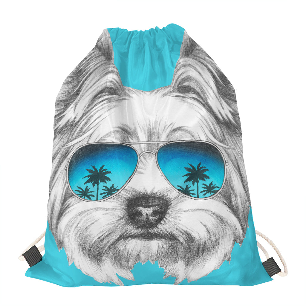 Yorkshire Terrier With Sunglasses Print Drawstring Bag