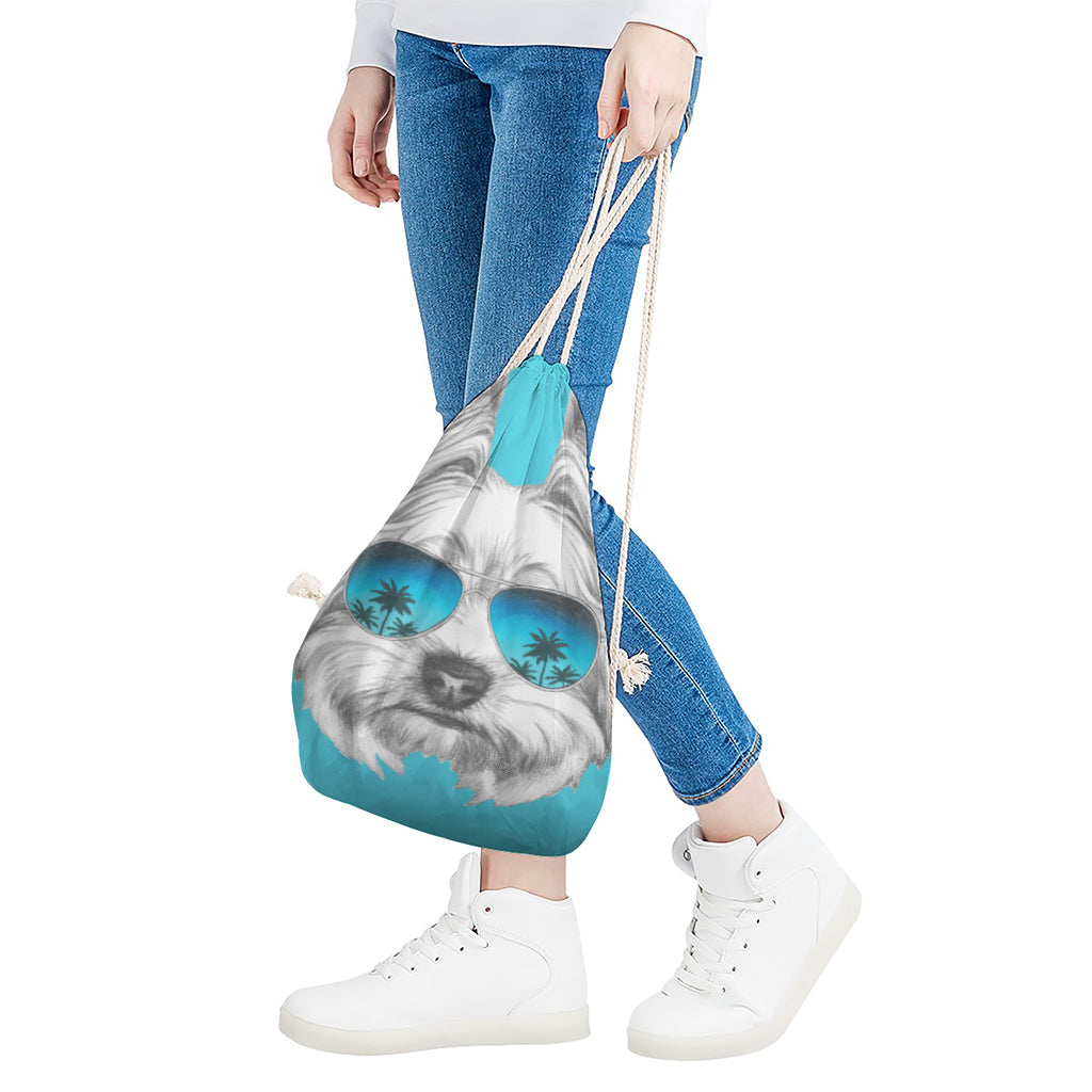 Yorkshire Terrier With Sunglasses Print Drawstring Bag