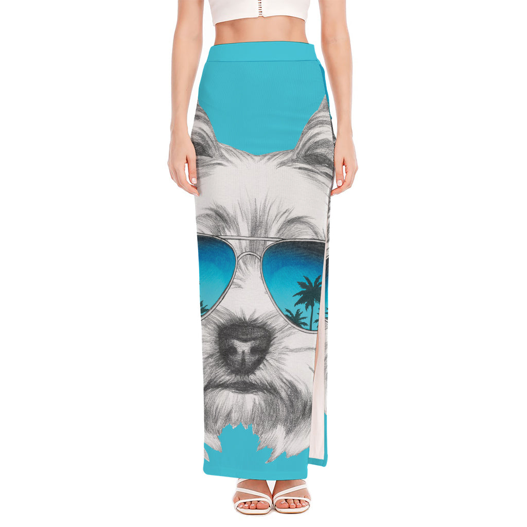 Yorkshire Terrier With Sunglasses Print High Slit Maxi Skirt