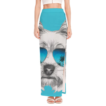 Yorkshire Terrier With Sunglasses Print High Slit Maxi Skirt