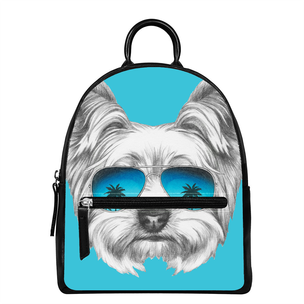Yorkshire Terrier With Sunglasses Print Leather Backpack