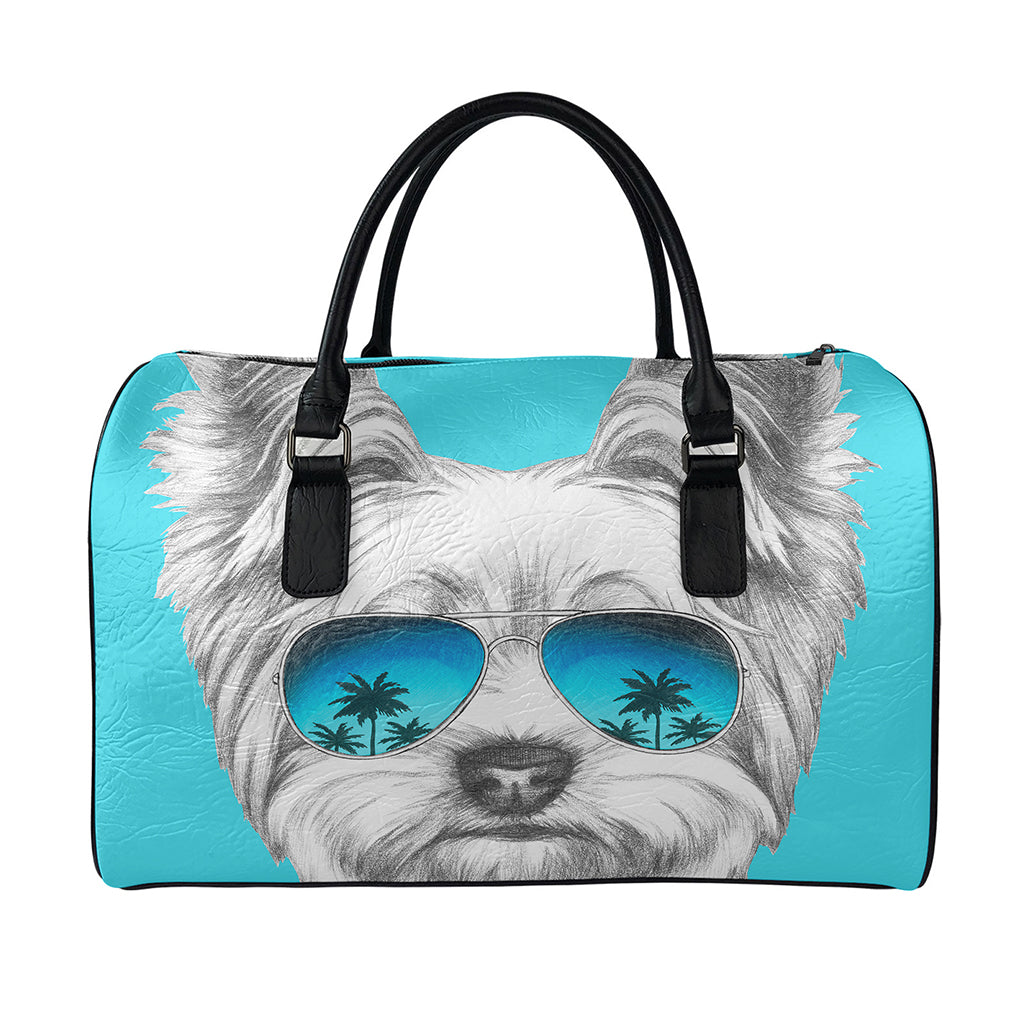 Yorkshire Terrier With Sunglasses Print Leather Duffle Bag