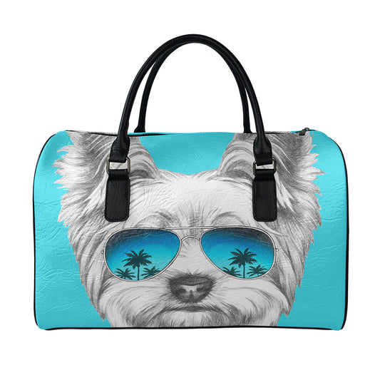 Yorkshire Terrier With Sunglasses Print Leather Duffle Bag