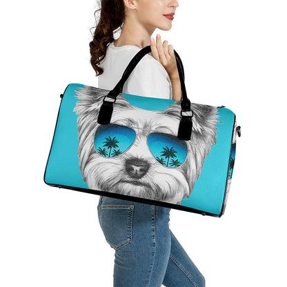 Yorkshire Terrier With Sunglasses Print Leather Duffle Bag