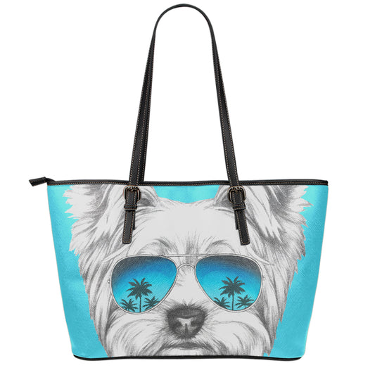 Yorkshire Terrier With Sunglasses Print Leather Tote Bag