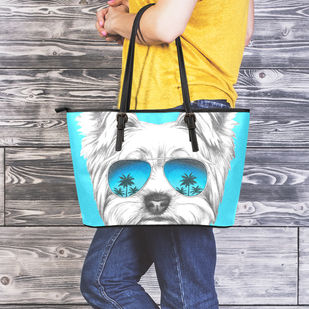 Yorkshire Terrier With Sunglasses Print Leather Tote Bag
