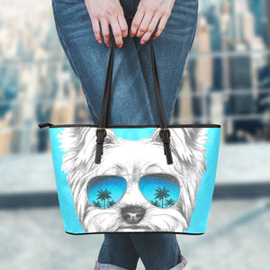 Yorkshire Terrier With Sunglasses Print Leather Tote Bag