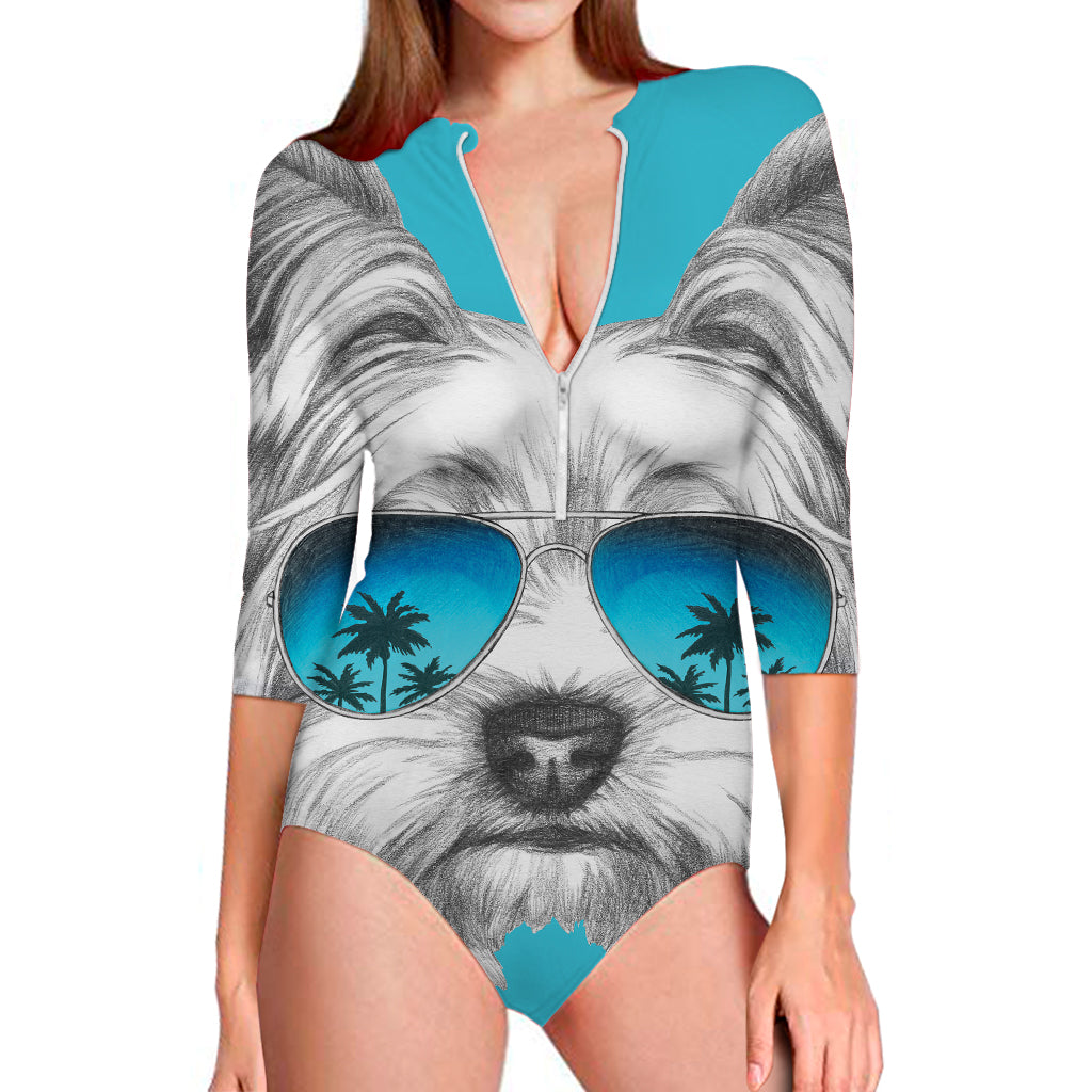 Yorkshire Terrier With Sunglasses Print Long Sleeve Swimsuit