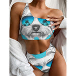 Yorkshire Terrier With Sunglasses Print One Shoulder Bikini Top