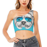 Yorkshire Terrier With Sunglasses Print One Shoulder Crop Top