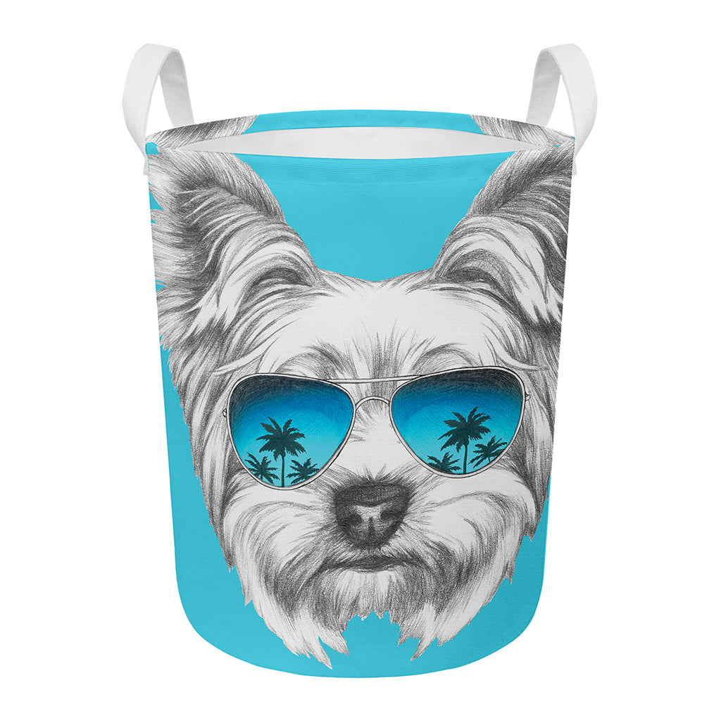 Yorkshire Terrier With Sunglasses Print Round Laundry Basket