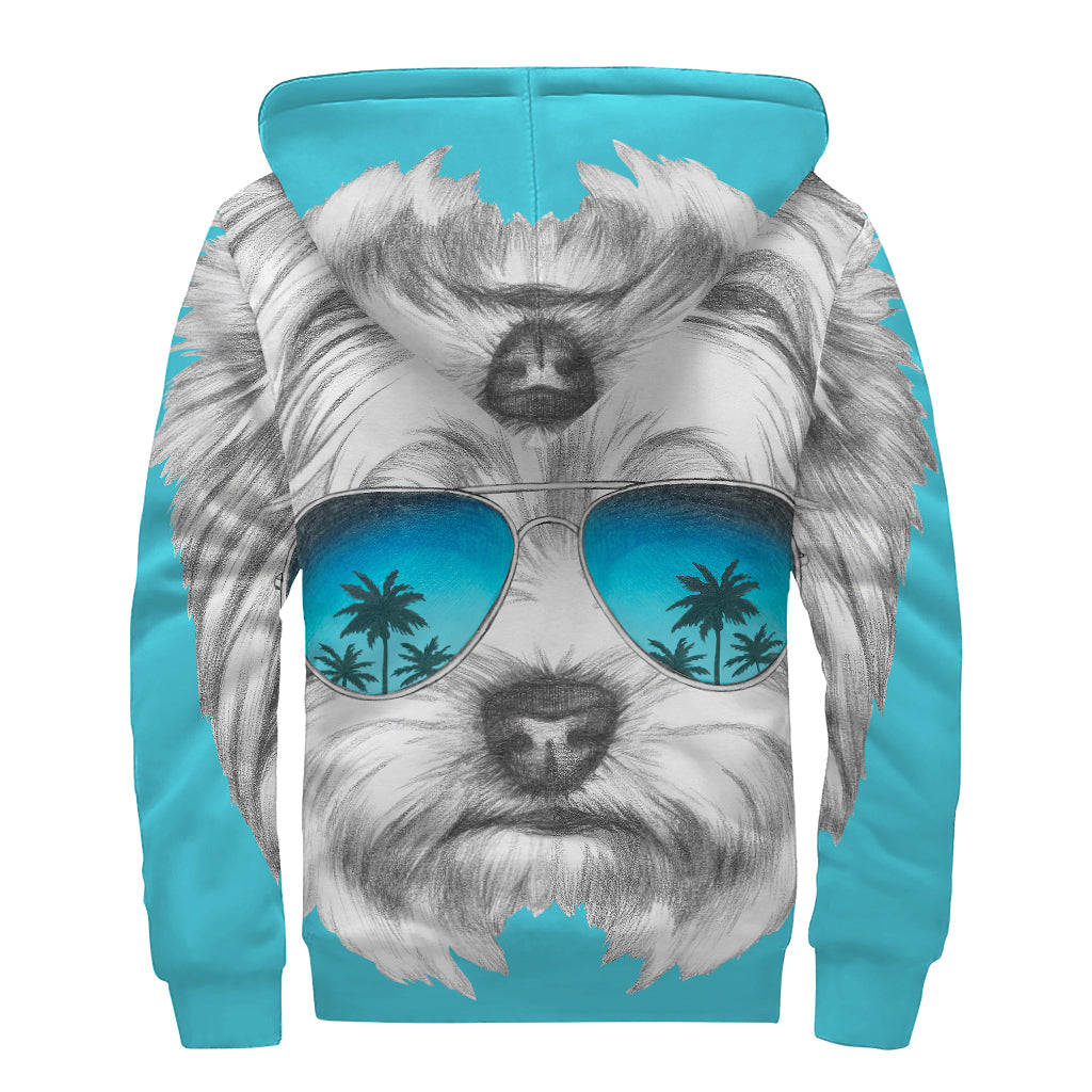 Yorkshire Terrier With Sunglasses Print Sherpa Lined Zip Up Hoodie