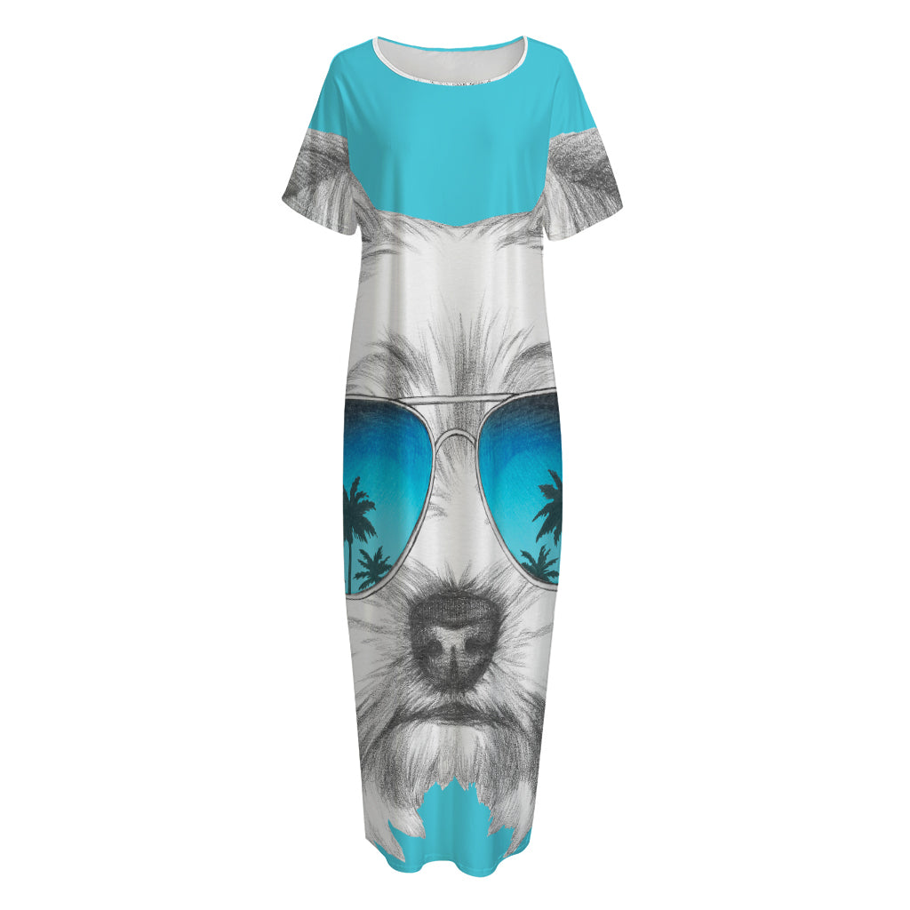 Yorkshire Terrier With Sunglasses Print Short Sleeve Long Nightdress