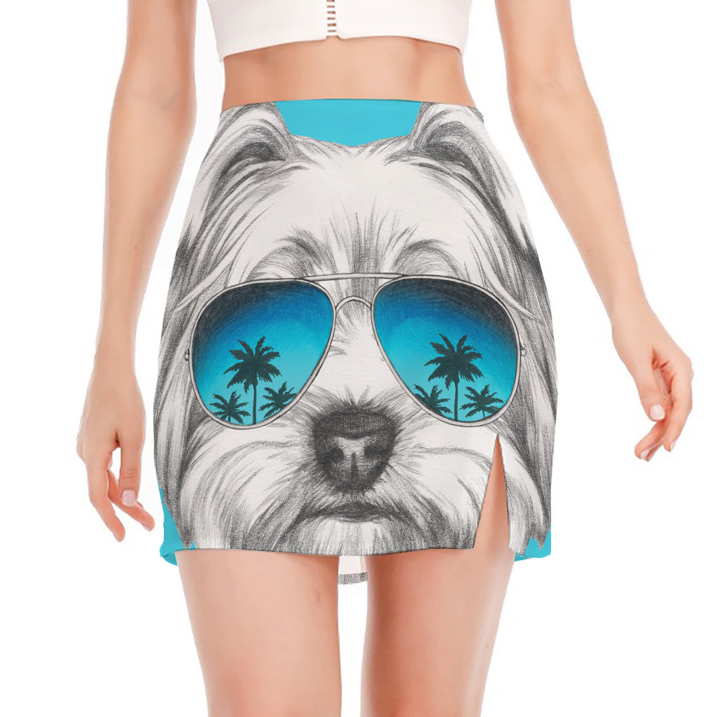 Yorkshire Terrier With Sunglasses Print Side Slit Mini Skirt