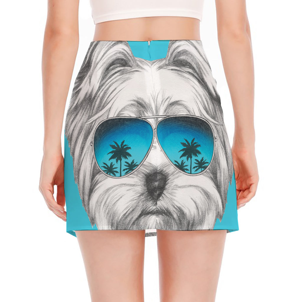 Yorkshire Terrier With Sunglasses Print Side Slit Mini Skirt
