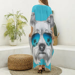 Yorkshire Terrier With Sunglasses Print Silk V-Neck Kaftan Dress