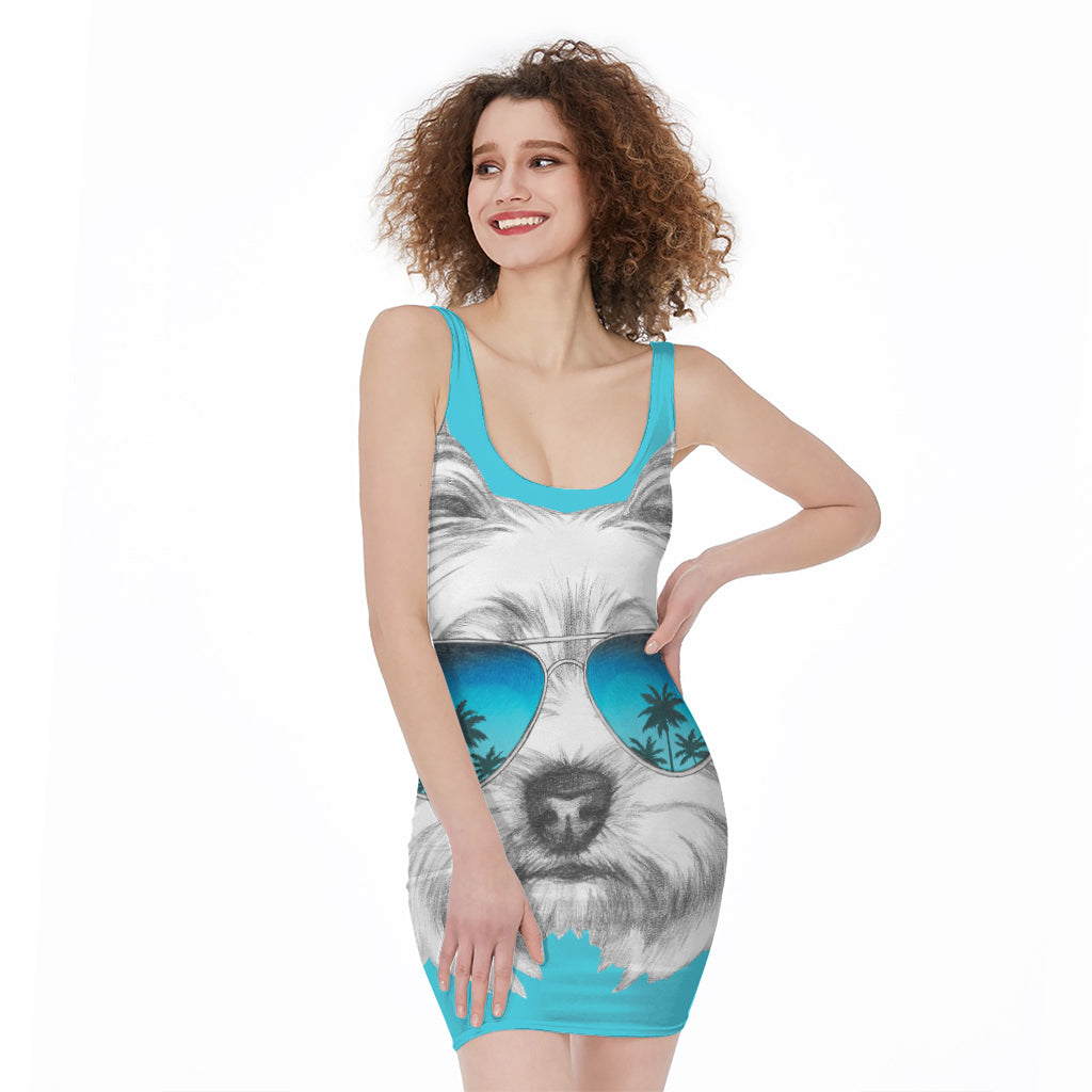 Yorkshire Terrier With Sunglasses Print Sleeveless Bodycon Dress
