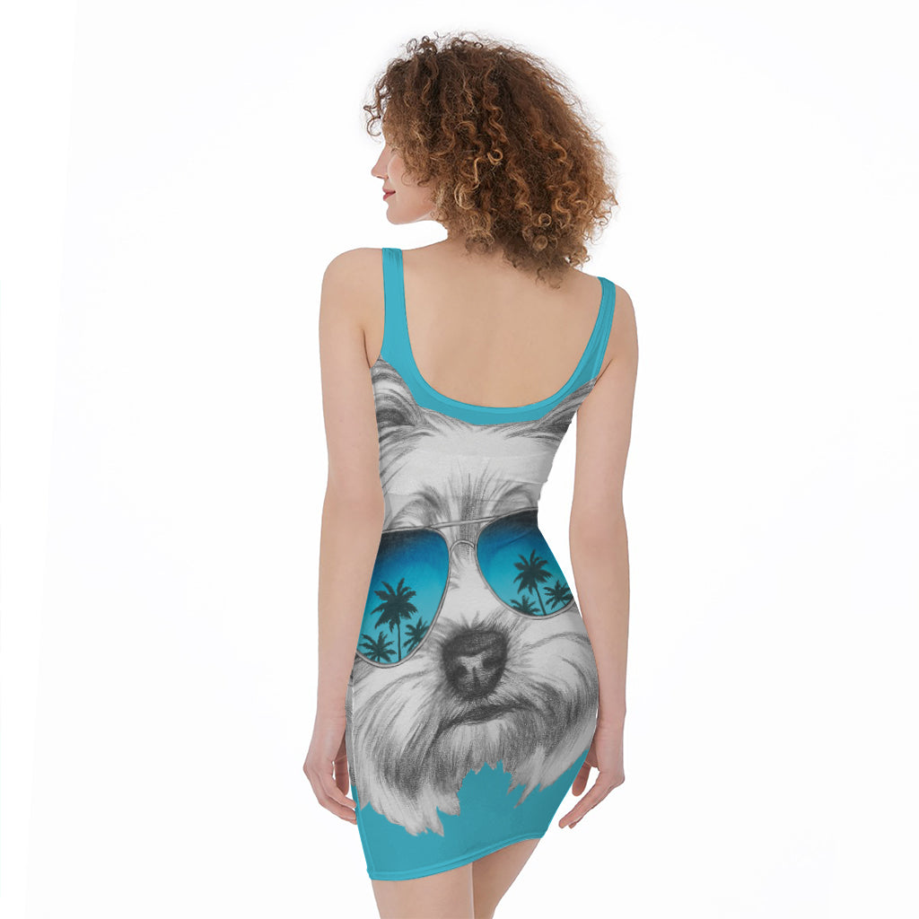 Yorkshire Terrier With Sunglasses Print Sleeveless Bodycon Dress