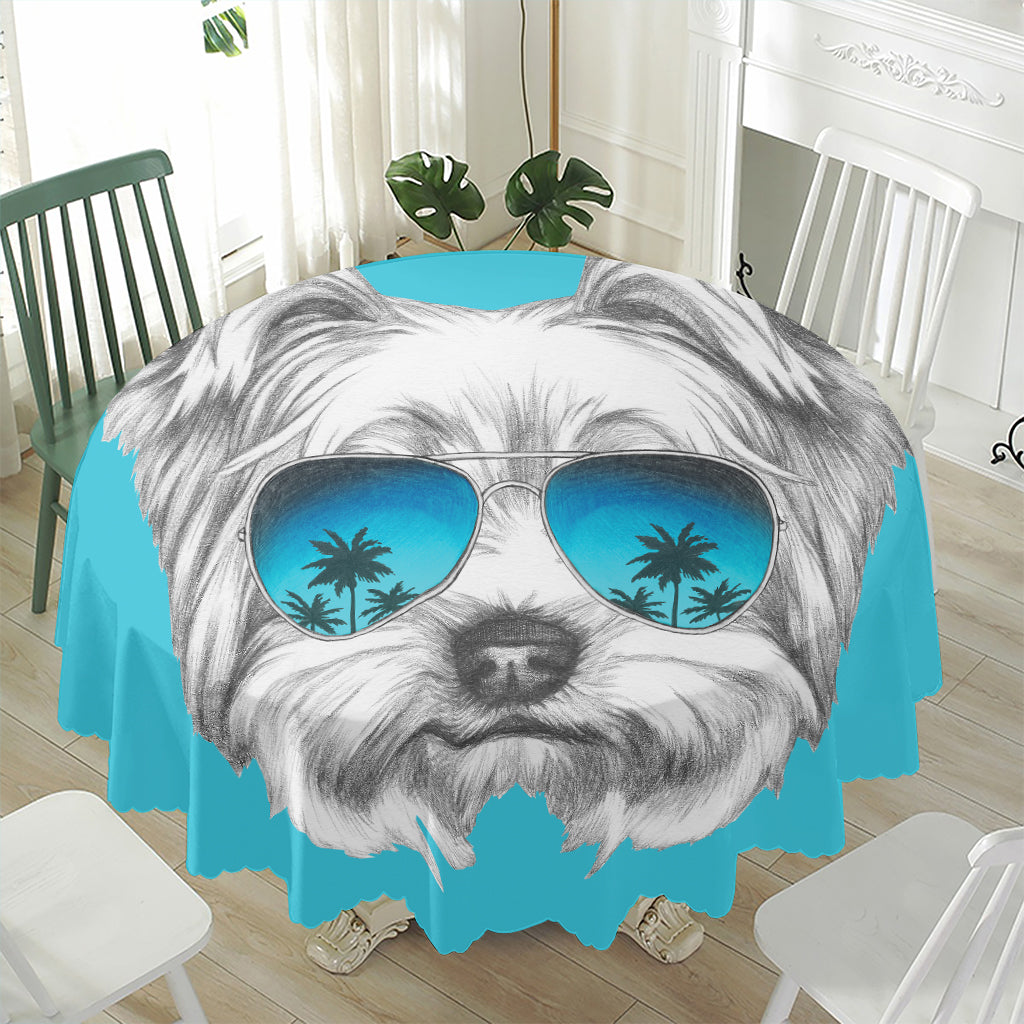 Yorkshire Terrier With Sunglasses Print Waterproof Round Tablecloth
