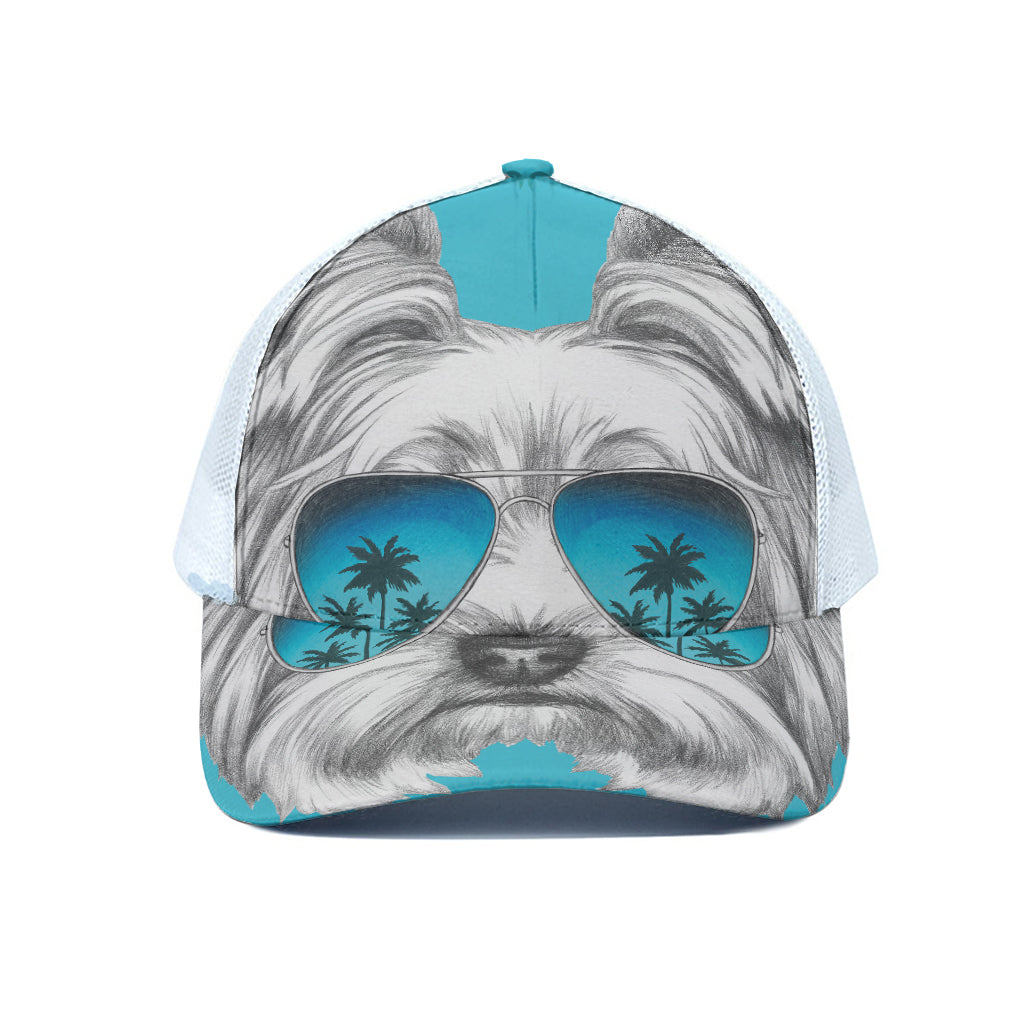 Yorkshire Terrier With Sunglasses Print White Mesh Trucker Cap