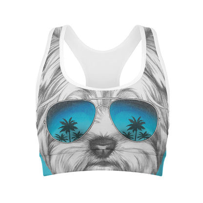 Yorkshire Terrier With Sunglasses Print Women's Sports Bra