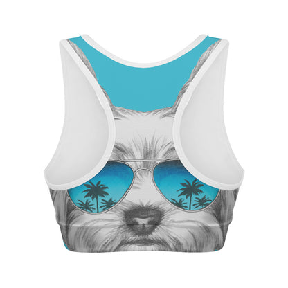 Yorkshire Terrier With Sunglasses Print Women's Sports Bra