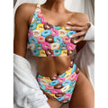 Yummy Donut Pattern Print One Shoulder Bikini Set