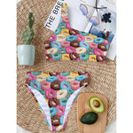 Yummy Donut Pattern Print One Shoulder Bikini Top