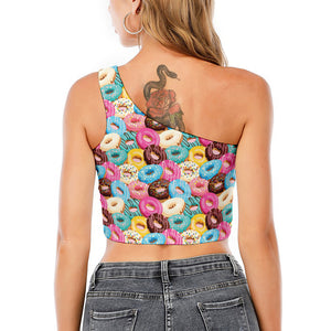 Yummy Donut Pattern Print One Shoulder Crop Top