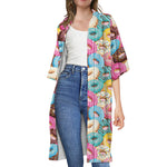 Yummy Donut Pattern Print Open Front Beach Cover Up